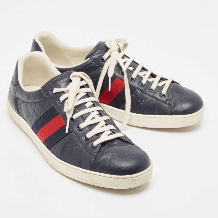 Pre Owned Gucci Navy Blue Guccissima Leather Ace Sneakers Size 43