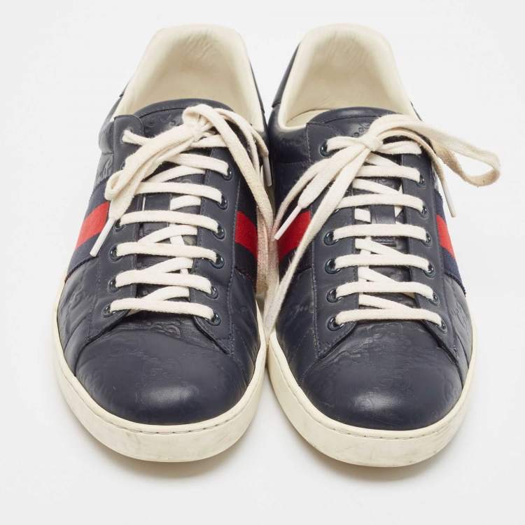 Pre Owned Gucci Navy Blue Guccissima Leather Ace Sneakers Size 43
