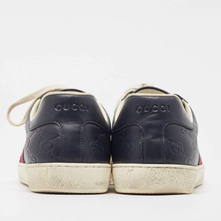 Pre Owned Gucci Navy Blue Guccissima Leather Ace Sneakers Size 43