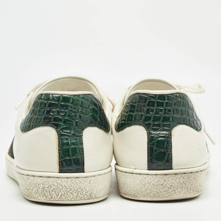 Pre Owned Gucci White Leather and Crocodile Web Ace Sneakers Size 43.5