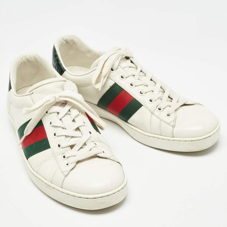 Pre Owned Gucci White Leather and Crocodile Web Ace Sneakers Size 43.5