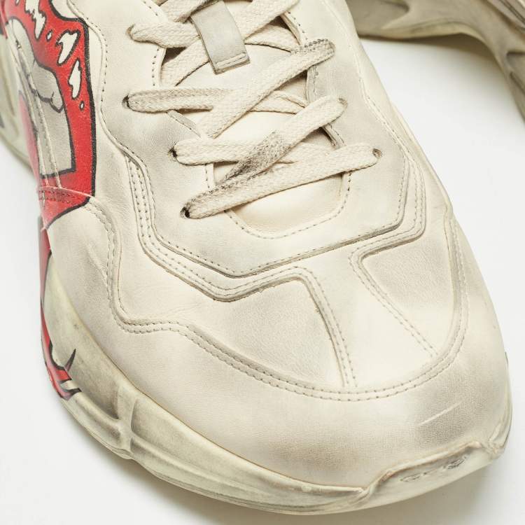 مملوكة مسبقًا Gucci Cream Leather Rhyton Lace Up Sneakers Size 44