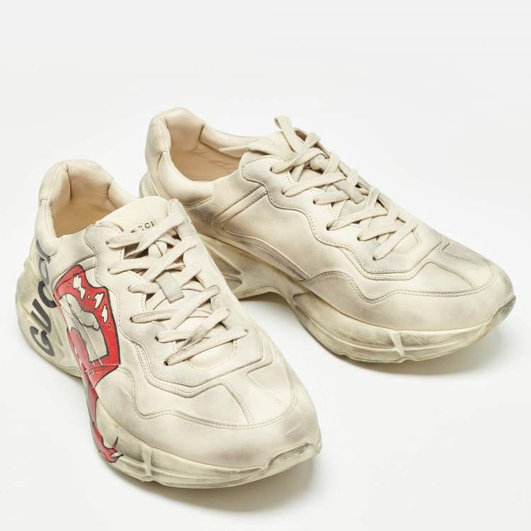 مملوكة مسبقًا Gucci Cream Leather Rhyton Lace Up Sneakers Size 44