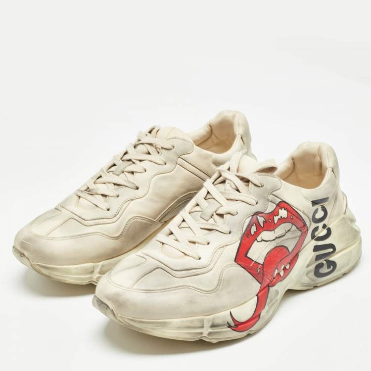 مملوكة مسبقًا Gucci Cream Leather Rhyton Lace Up Sneakers Size 44
