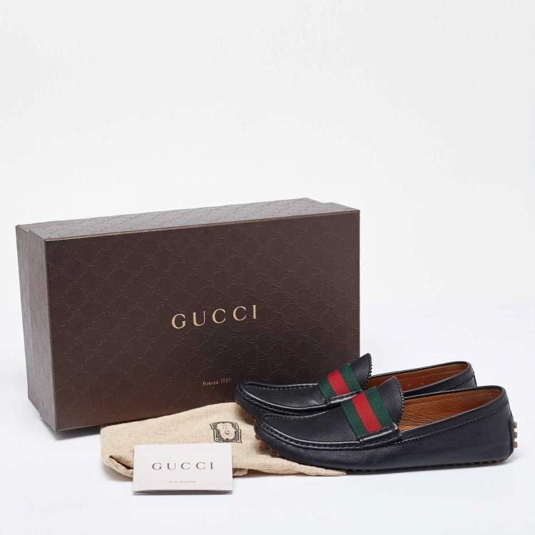 Pre Owned Gucci Black Leather Web Trim Slip On Loafers Size 40
