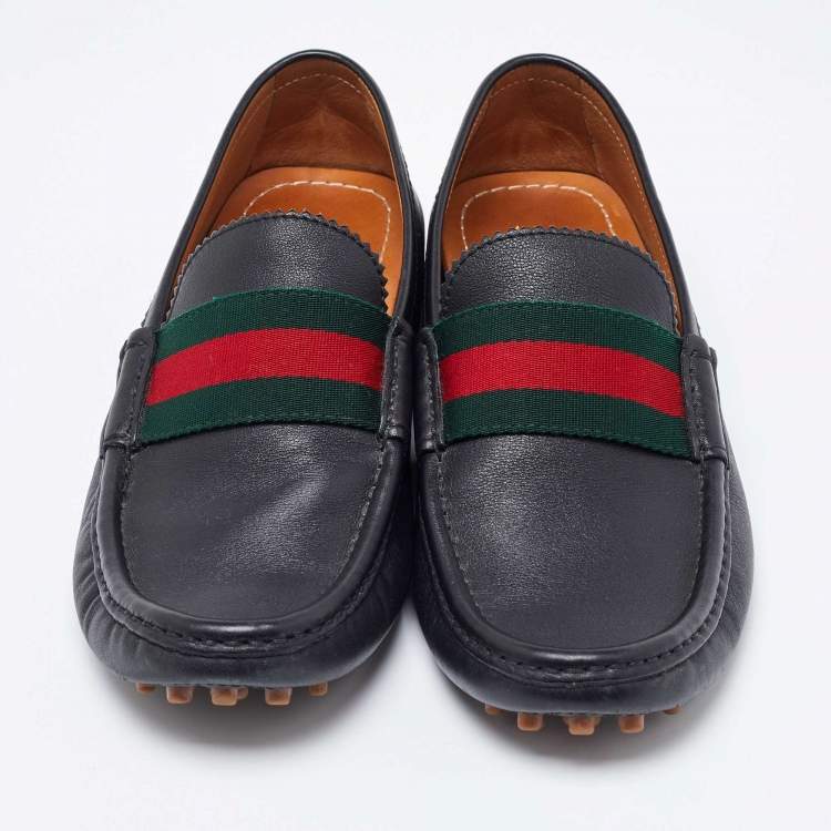 Pre Owned Gucci Black Leather Web Trim Slip On Loafers Size 40