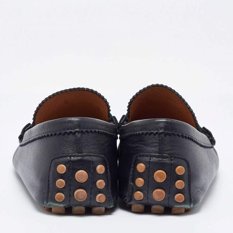 Pre Owned Gucci Black Leather Web Trim Slip On Loafers Size 40