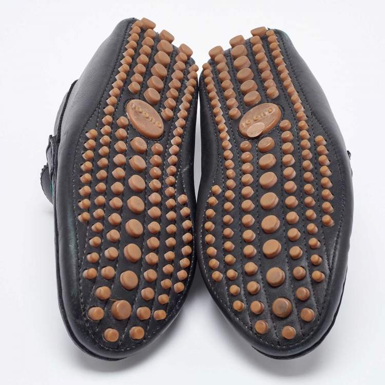 Pre Owned Gucci Black Leather Web Trim Slip On Loafers Size 40