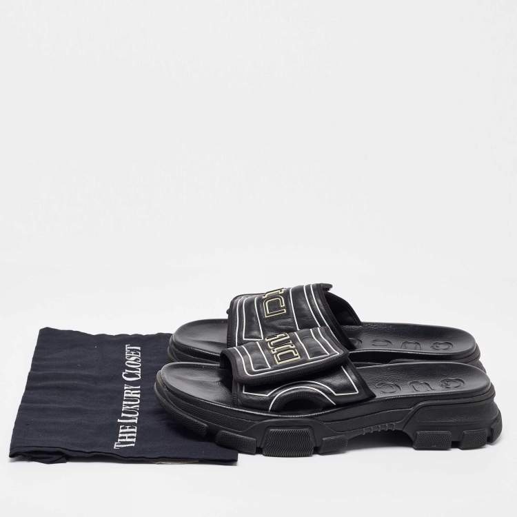 Pre Owned Gucci Black Leather Chunky Slide Sandals Size 45