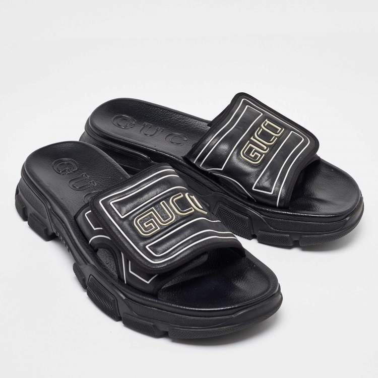 Pre Owned Gucci Black Leather Chunky Slide Sandals Size 45