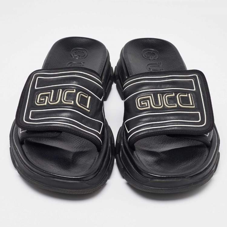 Pre Owned Gucci Black Leather Chunky Slide Sandals Size 45