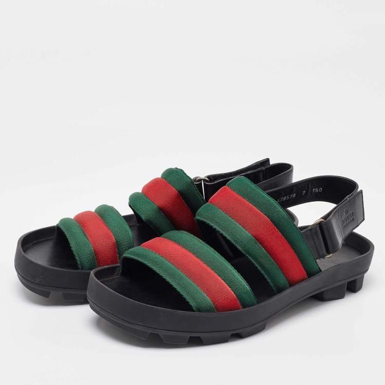 Pre Owned Gucci Green/Red Web Canvas Flat Sandals Size 41
