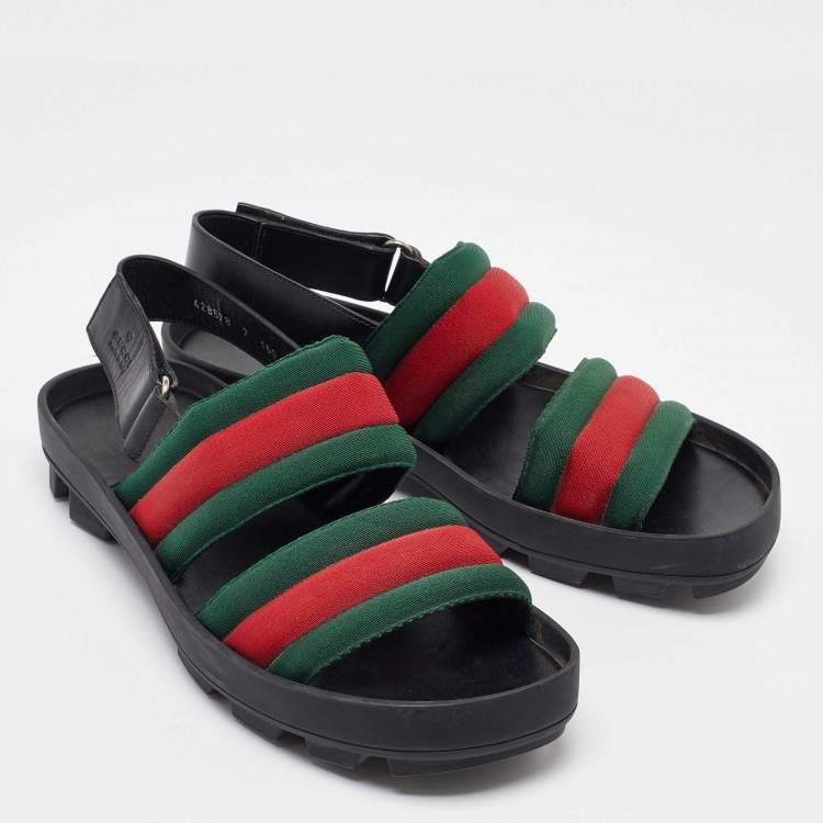 Pre Owned Gucci Green/Red Web Canvas Flat Sandals Size 41