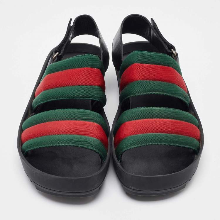 Pre Owned Gucci Green/Red Web Canvas Flat Sandals Size 41