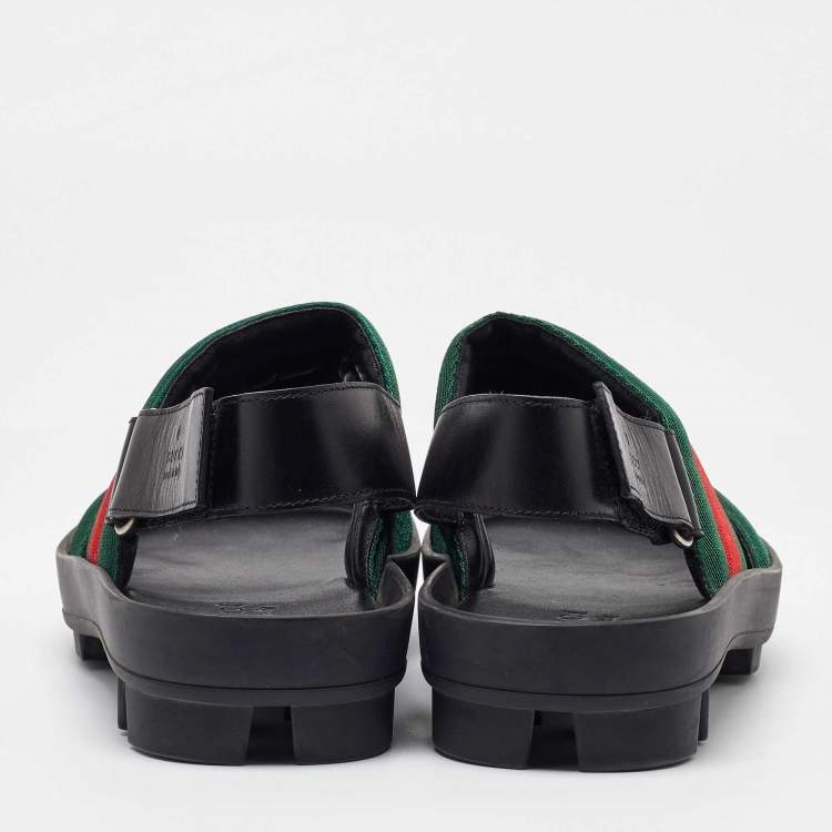 Pre Owned Gucci Green/Red Web Canvas Flat Sandals Size 41
