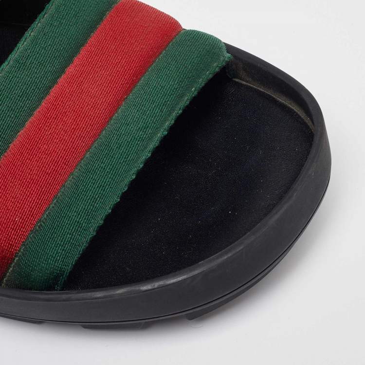 Pre Owned Gucci Green/Red Web Canvas Flat Sandals Size 41