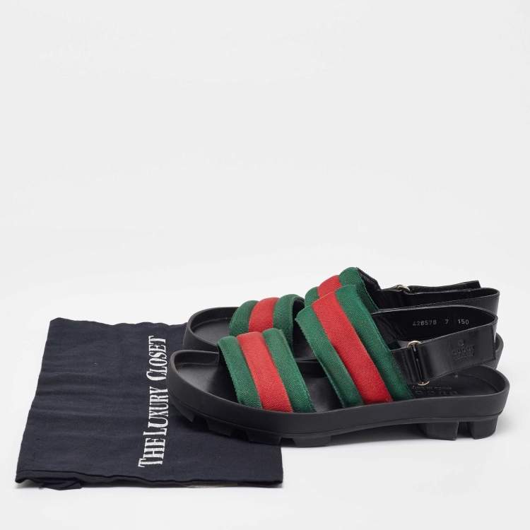 Pre Owned Gucci Green/Red Web Canvas Flat Sandals Size 41