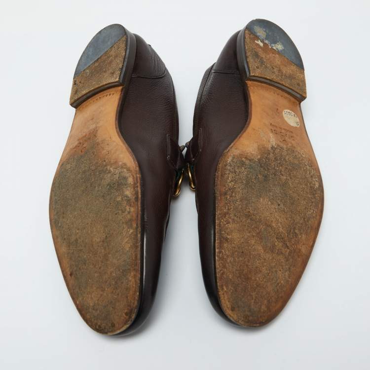 Pre Owned Gucci Dark Brown Leather Horsebit Web Slip On Loafers Size 41
