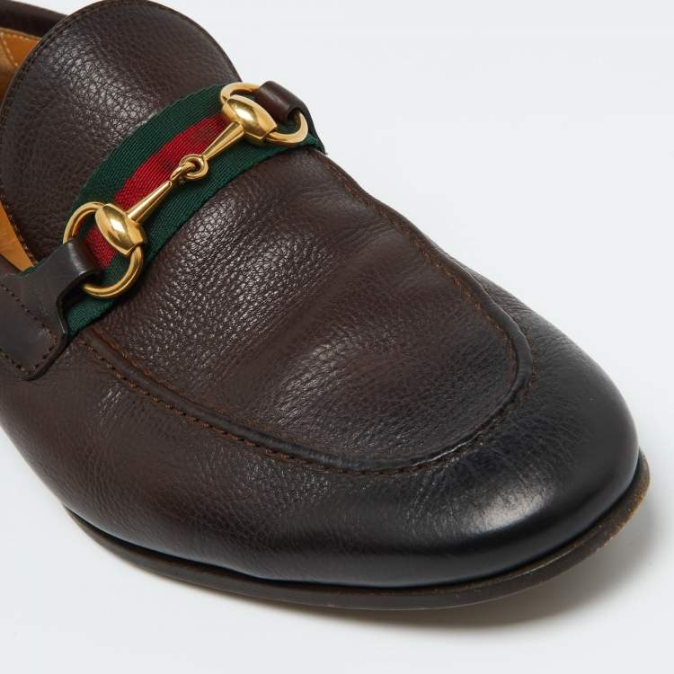 Pre Owned Gucci Dark Brown Leather Horsebit Web Slip On Loafers Size 41