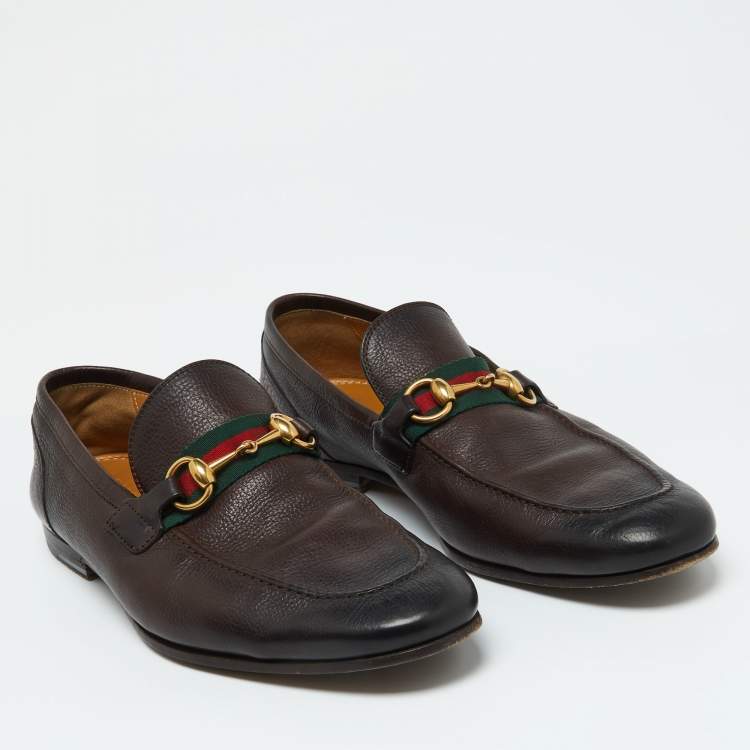 Pre Owned Gucci Dark Brown Leather Horsebit Web Slip On Loafers Size 41