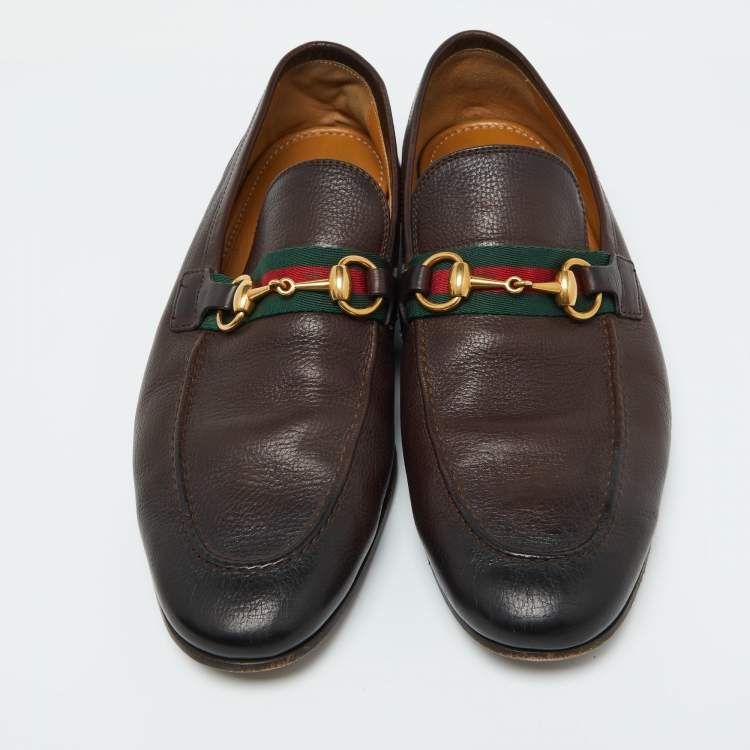 Pre Owned Gucci Dark Brown Leather Horsebit Web Slip On Loafers Size 41