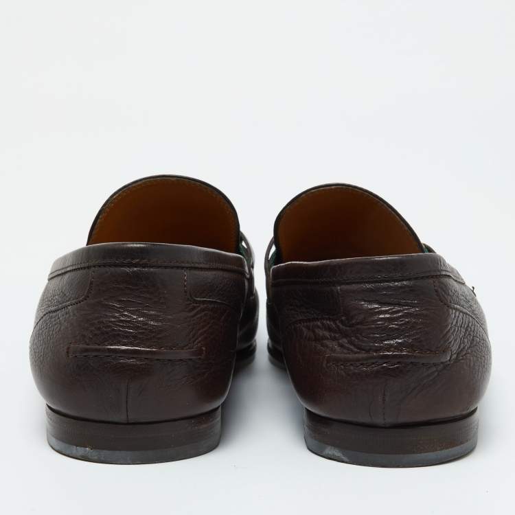 Pre Owned Gucci Dark Brown Leather Horsebit Web Slip On Loafers Size 41