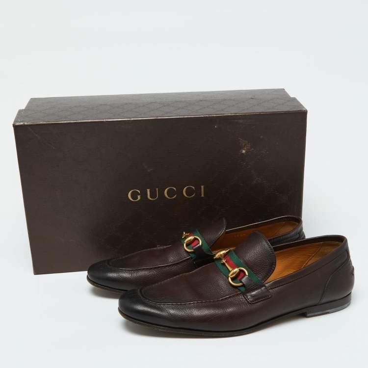 Pre Owned Gucci Dark Brown Leather Horsebit Web Slip On Loafers Size 41
