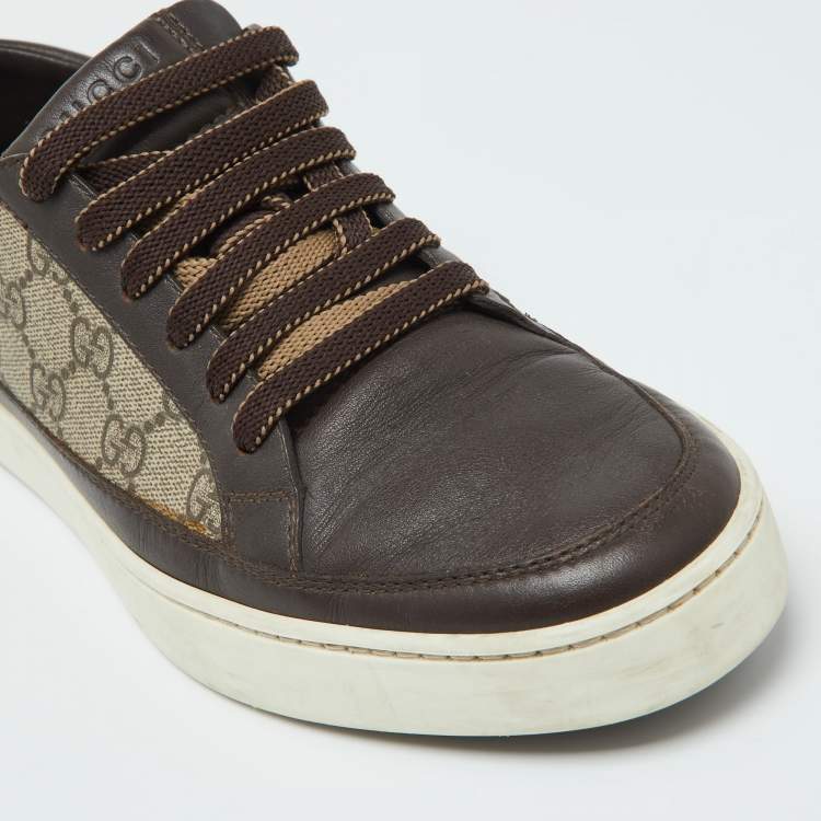 Pre Owned Gucci Beige/Brown GG Supreme Canvas and Leather Low Top Sneakers Size 40.5