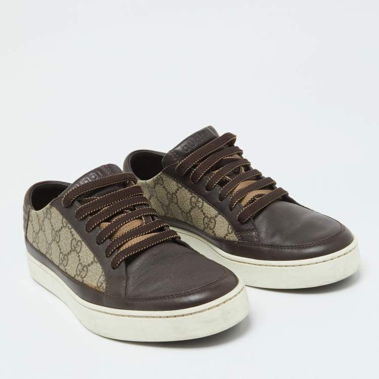 Pre Owned Gucci Beige/Brown GG Supreme Canvas and Leather Low Top Sneakers Size 40.5