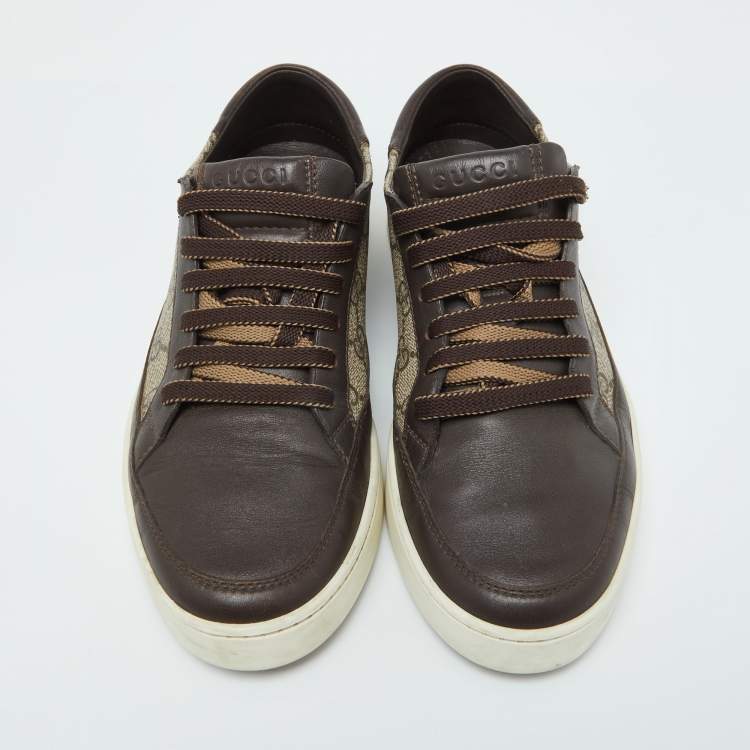 Pre Owned Gucci Beige/Brown GG Supreme Canvas and Leather Low Top Sneakers Size 40.5