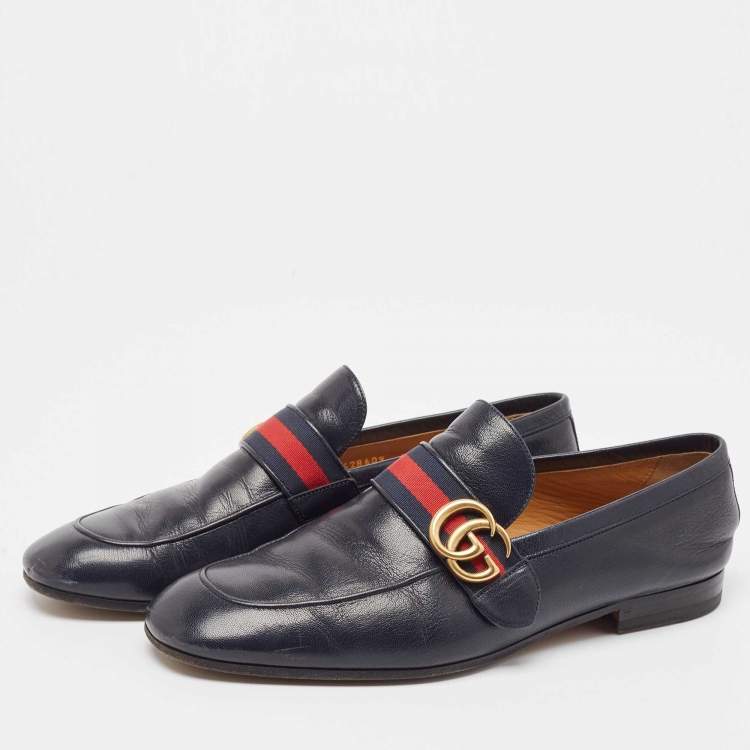 Pre Owned Gucci Navy Blue Leather GG Web Slip On Loafers Size 42.5