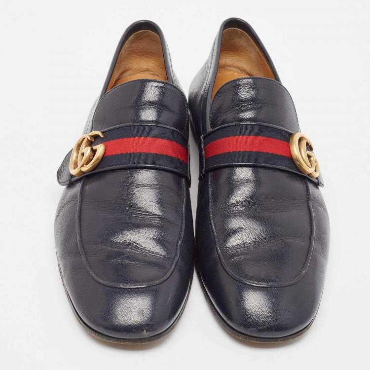 Pre Owned Gucci Navy Blue Leather GG Web Slip On Loafers Size 42.5