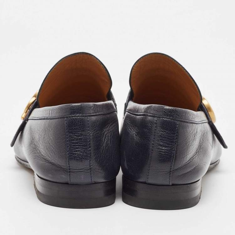 Pre Owned Gucci Navy Blue Leather GG Web Slip On Loafers Size 42.5