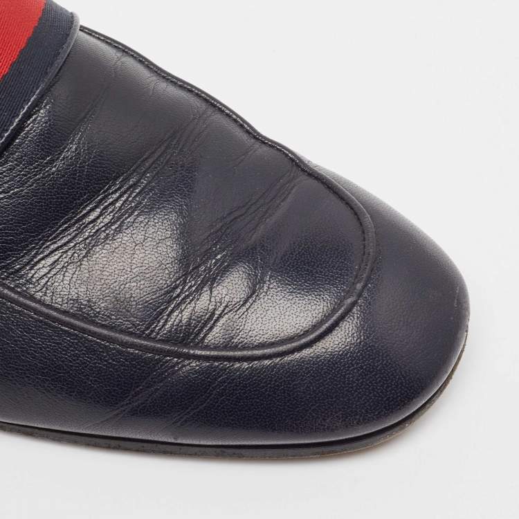 Pre Owned Gucci Navy Blue Leather GG Web Slip On Loafers Size 42.5
