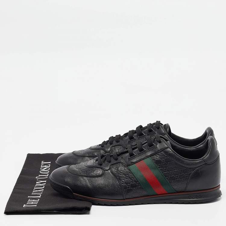 Pre Owned Gucci Black Guccissima Leather Web Low Top Sneakers Size 43.5