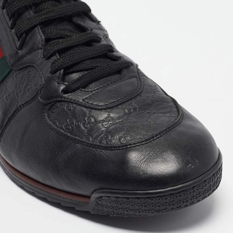 Pre Owned Gucci Black Guccissima Leather Web Low Top Sneakers Size 43.5