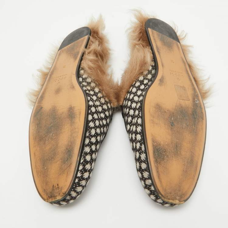Pre Owned Gucci Two Tone Printed Canvas Fur Lined Princetown Mules Size 45