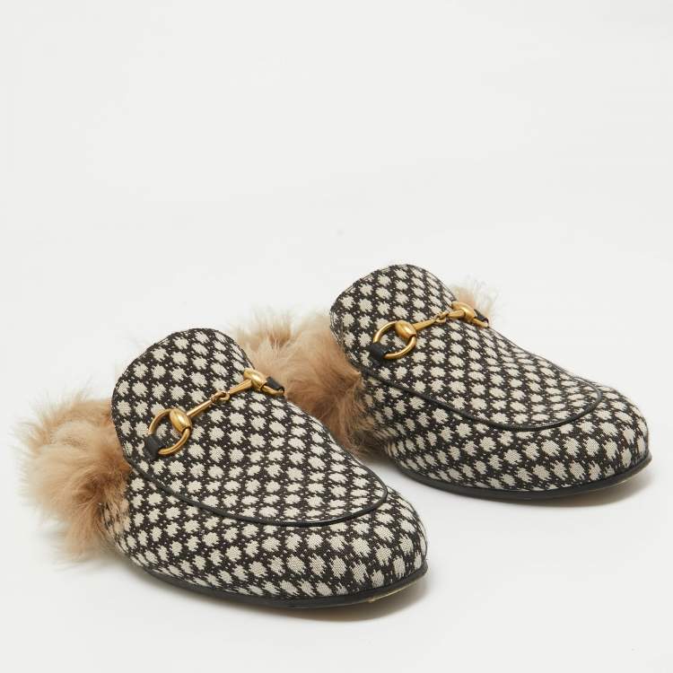 Pre Owned Gucci Two Tone Printed Canvas Fur Lined Princetown Mules Size 45