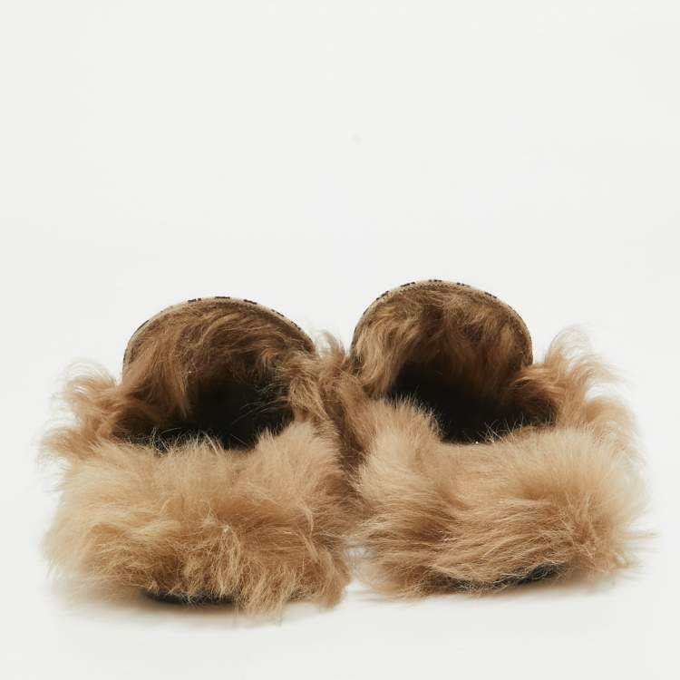 Pre Owned Gucci Two Tone Printed Canvas Fur Lined Princetown Mules Size 45