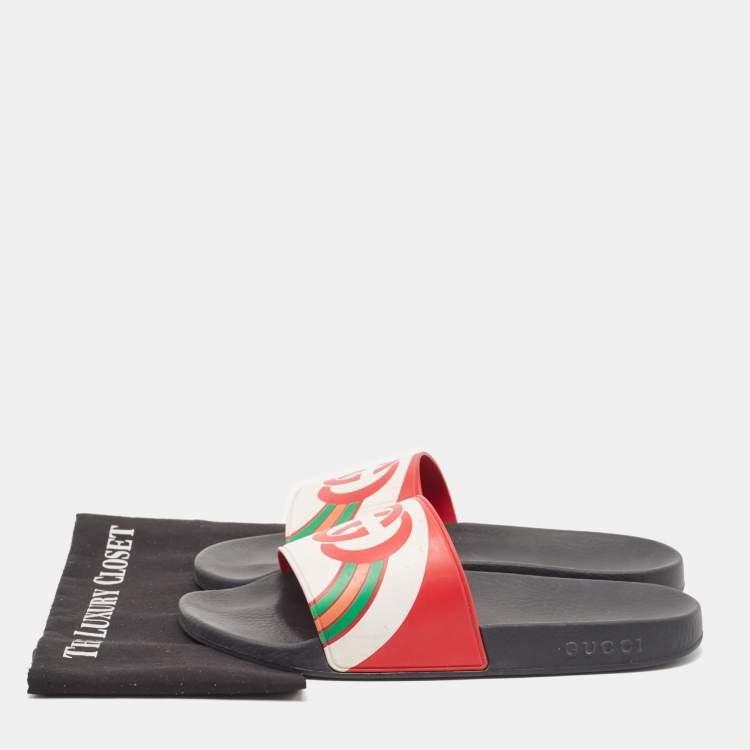 Pre Owned Gucci Multicolor GG Rainbow Rubber Pool Slides Size 45
