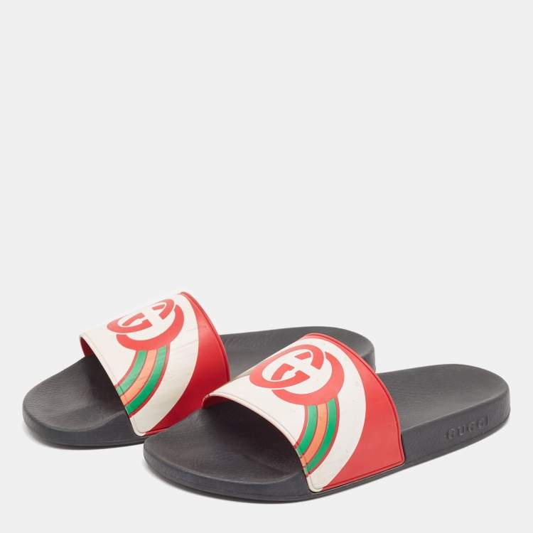Pre Owned Gucci Multicolor GG Rainbow Rubber Pool Slides Size 45