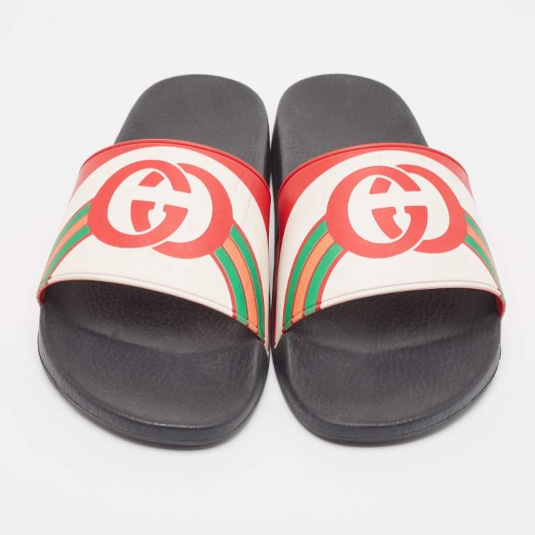 Pre Owned Gucci Multicolor GG Rainbow Rubber Pool Slides Size 45