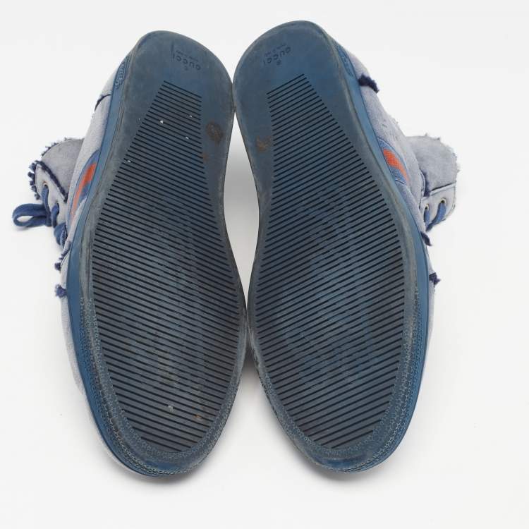 Pre Owned Gucci Blue Suede and Shearling Web Lace Up High Top Sneakers Size 45.5