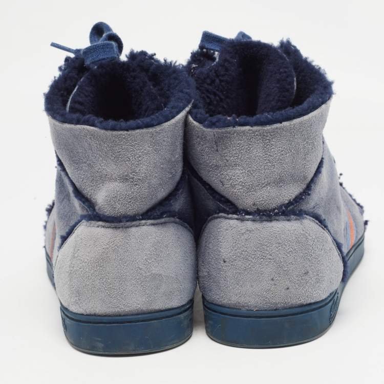 Pre Owned Gucci Blue Suede and Shearling Web Lace Up High Top Sneakers Size 45.5