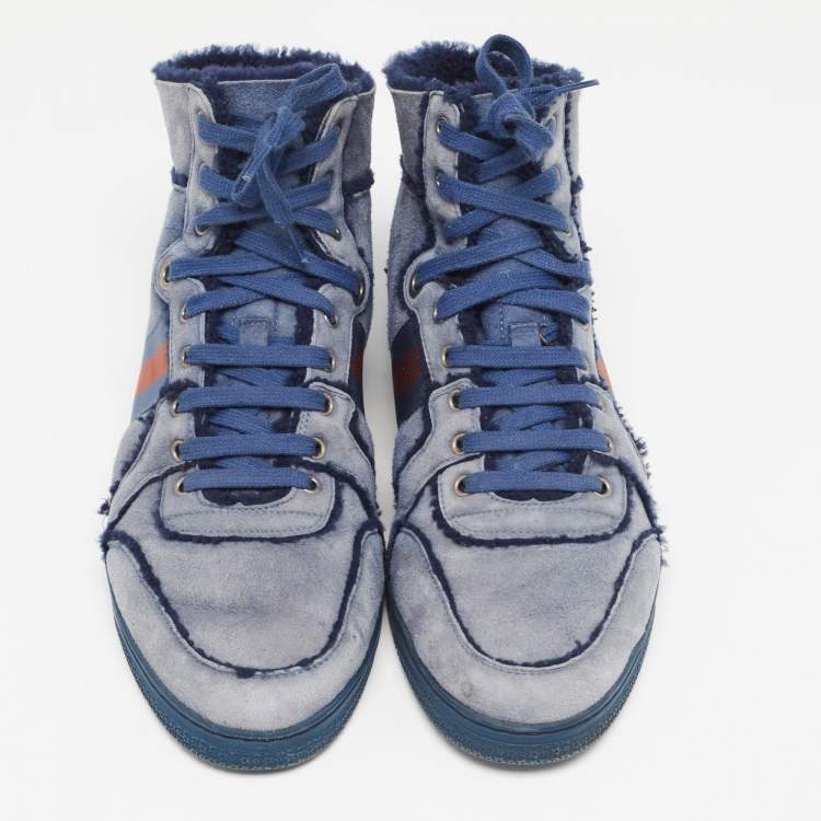 Pre Owned Gucci Blue Suede and Shearling Web Lace Up High Top Sneakers Size 45.5