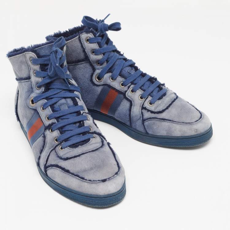 Pre Owned Gucci Blue Suede and Shearling Web Lace Up High Top Sneakers Size 45.5