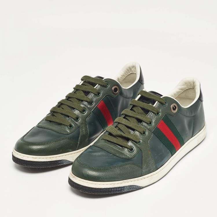 مملوكة مسبقًا Gucci Green Leather Web Low Top Sneakers Size 44