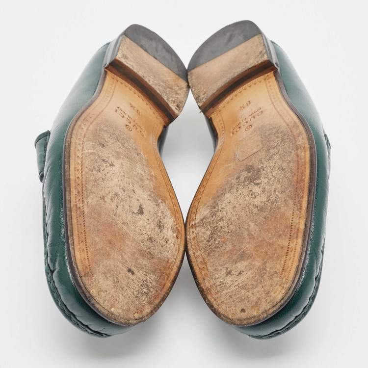 Pre Owned Gucci Green Leather Horsebit Loafers Size 42.5