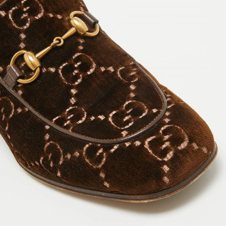 Pre Owned Gucci Brown GG Velvet Horsebit Loafers Size 42.5