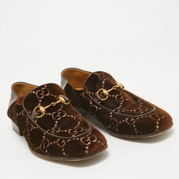 Pre Owned Gucci Brown GG Velvet Horsebit Loafers Size 42.5